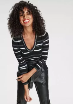 Melrose V-Ausschnitt-Pullover mit weichem Glitzergarn und Pailletten-Details Schwarz-grau-gestreift, Schwarz-royalblau-gestreift