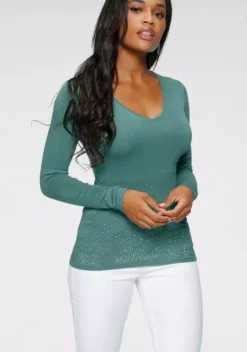 Melrose V-Ausschnitt-Pullover mit Strassdeko Hellgrün, Schwarz, Apricot