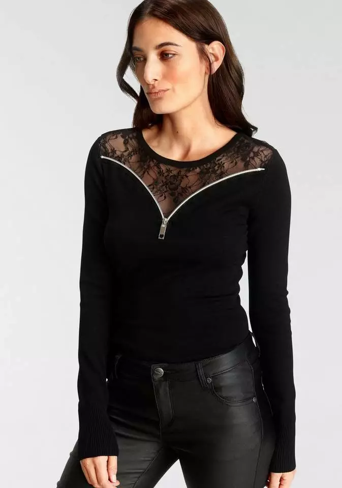 Melrose Rundhalspullover mit Spitze und Zierreißverschluss - NEUE KOLLEKTION 3 Melrose Rundhalspullover mit Spitze und Zierreißverschluss - NEUE KOLLEKTION
