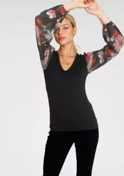 Melrose V-Shirt mit trransparenten, bedruckten Ärmeln Schwarz-weiß-gemustert, Schwarz-geblümt 15 Melrose V-Shirt mit trransparenten, bedruckten Ärmeln Schwarz-weiß-gemustert, Schwarz-geblümt -Melrose Verkaufsshop 16000b3d 6714 51e0 aa0c 7270a9109b08