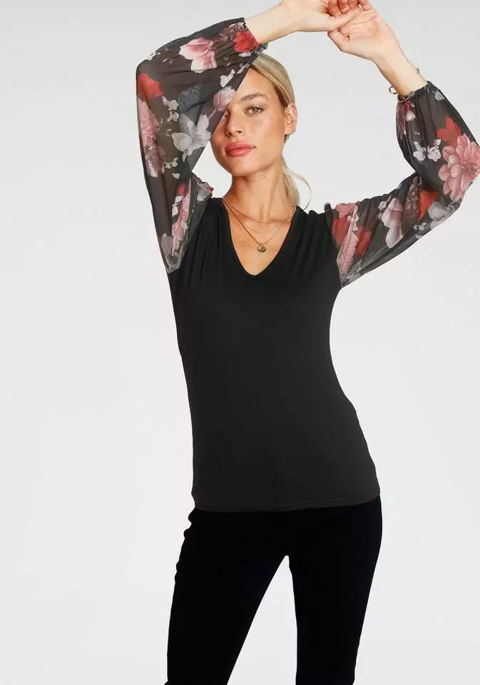 Melrose V-Shirt mit trransparenten, bedruckten Ärmeln Schwarz-weiß-gemustert, Schwarz-geblümt 7 Melrose V-Shirt mit trransparenten, bedruckten Ärmeln Schwarz-weiß-gemustert, Schwarz-geblümt – Bild 5