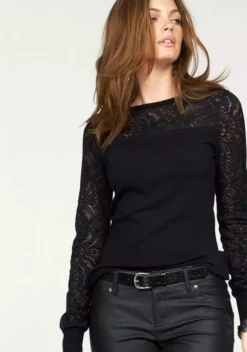 Melrose Rundhalspullover mit Spitze und Zierknöpfen Flieder, Schwarz 17 Melrose Rundhalspullover mit Spitze und Zierknöpfen Flieder, Schwarz -Melrose Verkaufsshop 16705245