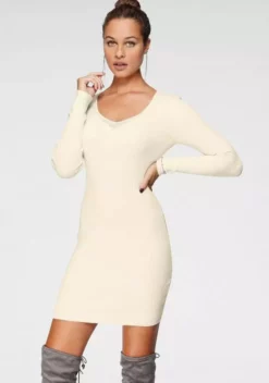 Melrose Strickkleid mit Glitzersteinen und Rippenstrick Offwhite, Schwarz