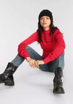 Melrose Stehkragenpullover mit transparenten Streifen und Ballonärmeln - NEUE KOLLEKTION Rot, Schwarz