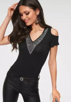 Melrose V-Shirt mit zweifarbigen Glitzersteinen