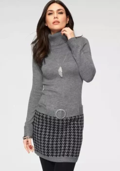 Melrose Strickkleid mit Ziergürtel Grau-schwarz, Schwarz-bordeaux, Schwarz-weiß, Braun-gestreift