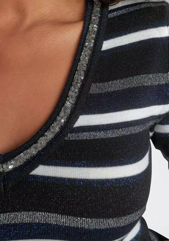 Melrose V-Ausschnitt-Pullover mit weichem Glitzergarn und Pailletten-Details Schwarz-grau-gestreift, Schwarz-royalblau-gestreift 7 Melrose V-Ausschnitt-Pullover mit weichem Glitzergarn und Pailletten-Details Schwarz-grau-gestreift, Schwarz-royalblau-gestreift – Bild 5