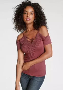 Melrose T-Shirt mit Spitze und Schnürung Braun, Schwarz