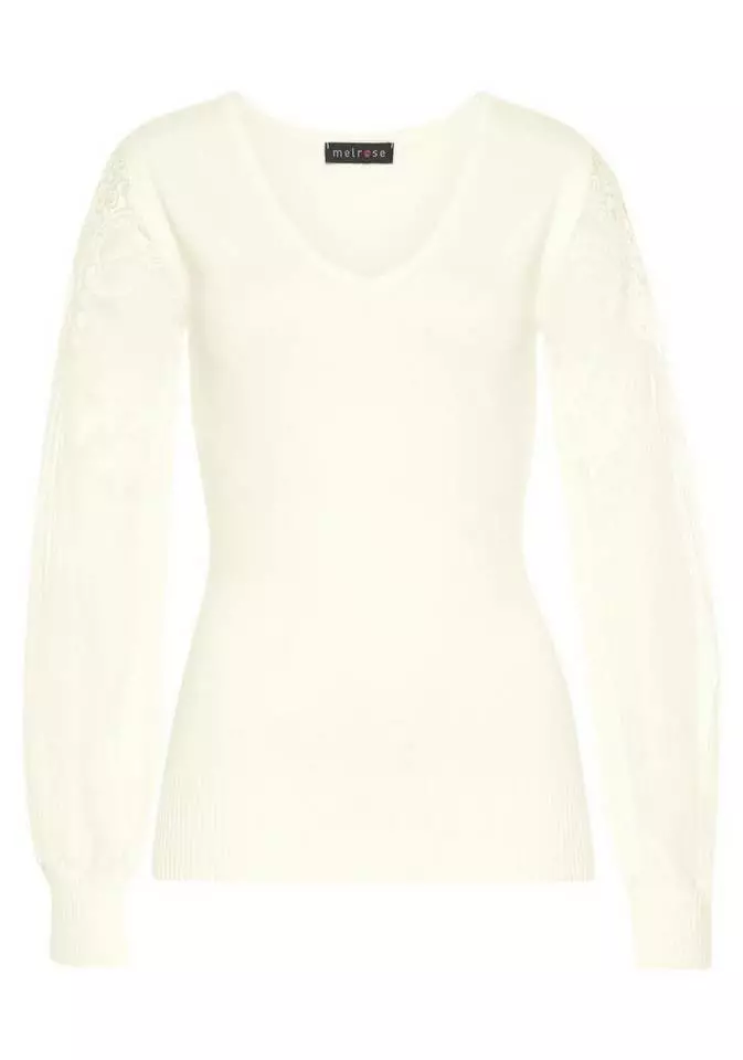 Melrose V-Ausschnitt-Pullover mit Ärmeln aus Spitze Schwarz, Wollweiß 9 Melrose V-Ausschnitt-Pullover mit Ärmeln aus Spitze Schwarz, Wollweiß – Bild 7