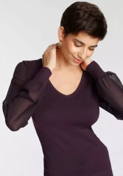 Melrose V-Ausschnitt-Pullover mit transparenten Chiffon-Ärmeln Rot, Dunkellila, Schwarz, Rosa -Melrose Verkaufsshop 536056f5 c5b1 5a17 baed 5514121a3498