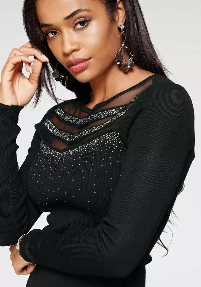 Melrose Rundhalspullover mit Mesh und Glitzersteinen 5 Melrose Rundhalspullover mit Mesh und Glitzersteinen – Bild 3