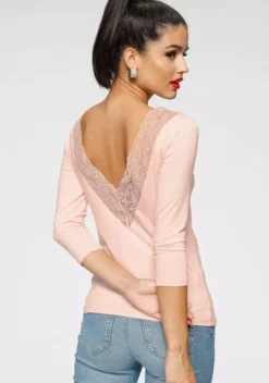 Melrose Rundhalsshirt mit tiefem Rückenausschnitt und Spitze Schwarz, Rosa