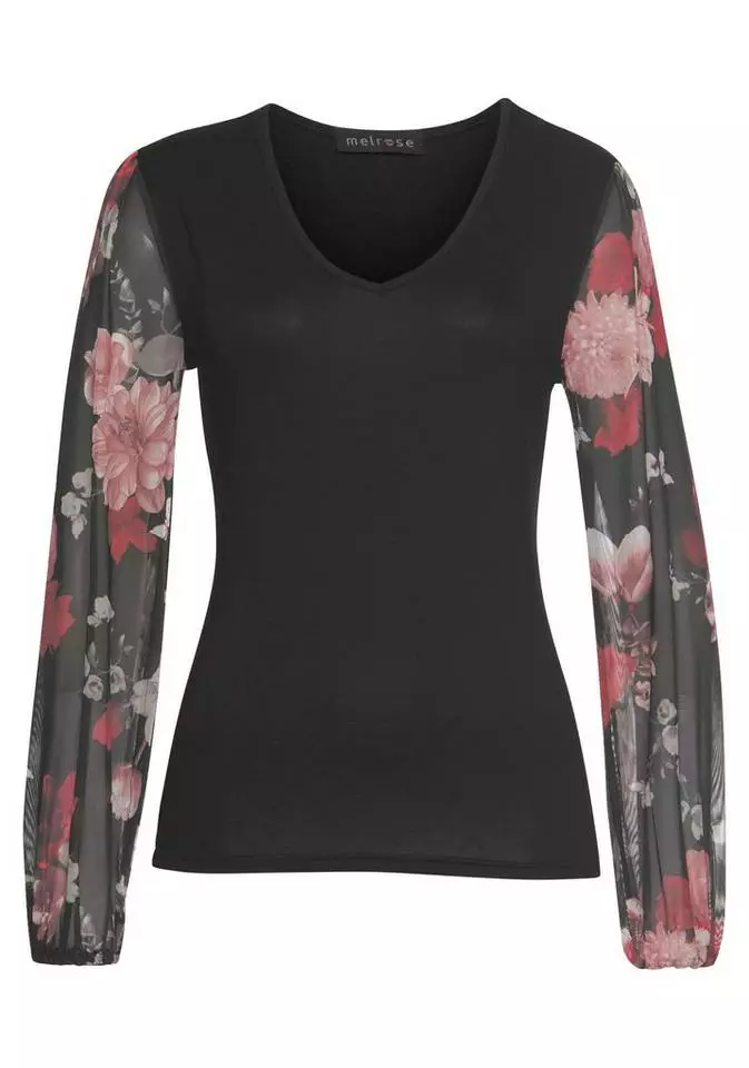 Melrose V-Shirt mit trransparenten, bedruckten Ärmeln Schwarz-weiß-gemustert, Schwarz-geblümt 8 Melrose V-Shirt mit trransparenten, bedruckten Ärmeln Schwarz-weiß-gemustert, Schwarz-geblümt – Bild 6