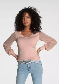 Melrose V-Ausschnitt-Pullover mit transparenten Chiffon-Ärmeln Rot, Dunkellila, Schwarz, Rosa -Melrose Verkaufsshop 67afc21a 9fd4 5a1e 8a7e 5edd33c5eefa