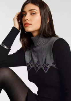 Melrose Strickkleid mit Norweger-Muster Dunkelgrau-schwarz, Schwarz-grau, Camelfarben-braun