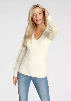 Melrose V-Ausschnitt-Pullover mit Ärmeln aus Spitze Schwarz, Wollweiß