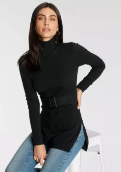 Melrose Longpullover mit Ziergürtel und Schlitzen