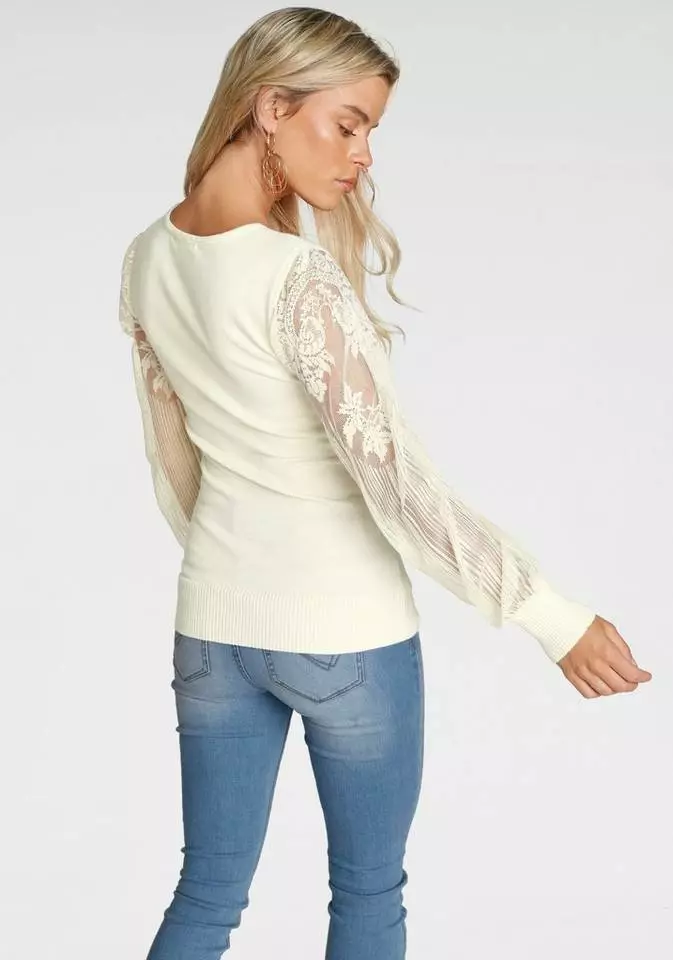 Melrose V-Ausschnitt-Pullover mit Ärmeln aus Spitze Schwarz, Wollweiß 4 Melrose V-Ausschnitt-Pullover mit Ärmeln aus Spitze Schwarz, Wollweiß – Bild 2