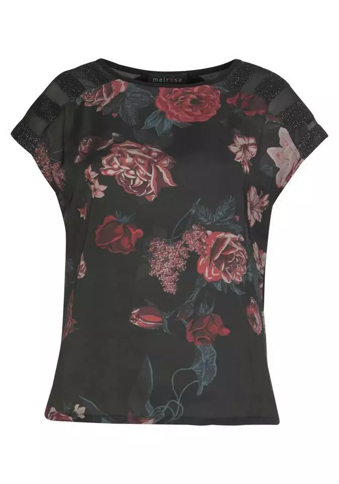 Melrose Shirtbluse mit Glanzgarn und Mesh Schwarz-grau-gemustert, Schwarz-rot-geblümt 8 Melrose Shirtbluse mit Glanzgarn und Mesh Schwarz-grau-gemustert, Schwarz-rot-geblümt – Bild 6