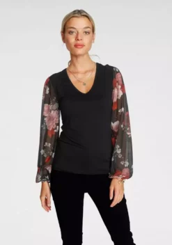 Melrose V-Shirt mit trransparenten, bedruckten Ärmeln Schwarz-weiß-gemustert, Schwarz-geblümt