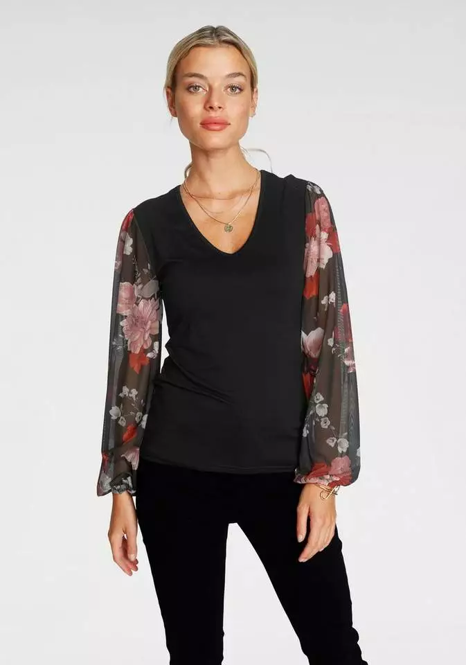 Melrose V-Shirt mit trransparenten, bedruckten Ärmeln Schwarz-weiß-gemustert, Schwarz-geblümt 3 Melrose V-Shirt mit trransparenten, bedruckten Ärmeln Schwarz-weiß-gemustert, Schwarz-geblümt