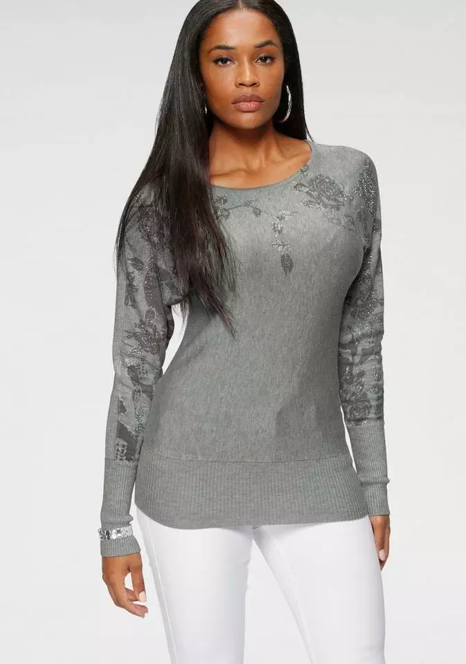 Melrose Fledermauspullover mit Blumenmuster und Glitzersteinen Grau-meliert, Dunkelgrau, Rosa 3 Melrose Fledermauspullover mit Blumenmuster und Glitzersteinen Grau-meliert, Dunkelgrau, Rosa