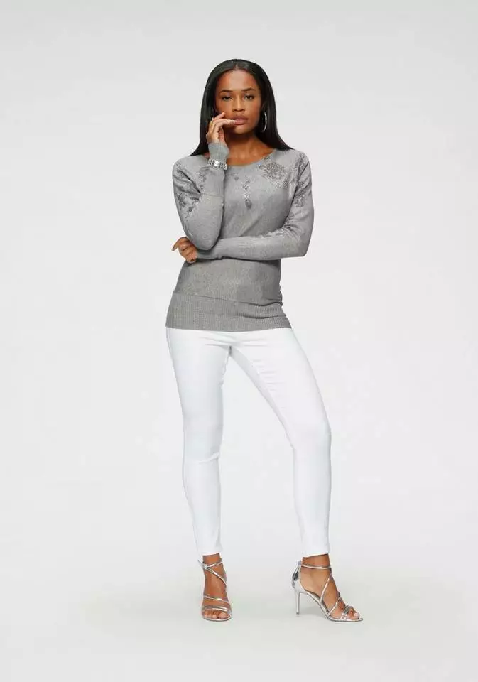 Melrose Fledermauspullover mit Blumenmuster und Glitzersteinen Grau-meliert, Dunkelgrau, Rosa 7 Melrose Fledermauspullover mit Blumenmuster und Glitzersteinen Grau-meliert, Dunkelgrau, Rosa – Bild 5