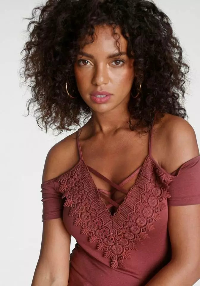 Melrose T-Shirt mit Spitze und Schnürung Braun, Schwarz 6 Melrose T-Shirt mit Spitze und Schnürung Braun, Schwarz – Bild 4