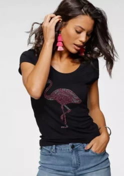 Melrose Rundhalsshirt mit Flamingo aus Glitzersteinen