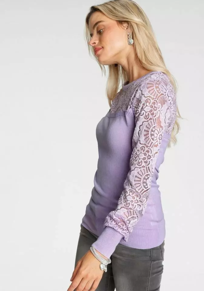 Melrose Rundhalspullover mit Spitze und Zierknöpfen Flieder, Schwarz 4 Melrose Rundhalspullover mit Spitze und Zierknöpfen Flieder, Schwarz – Bild 2