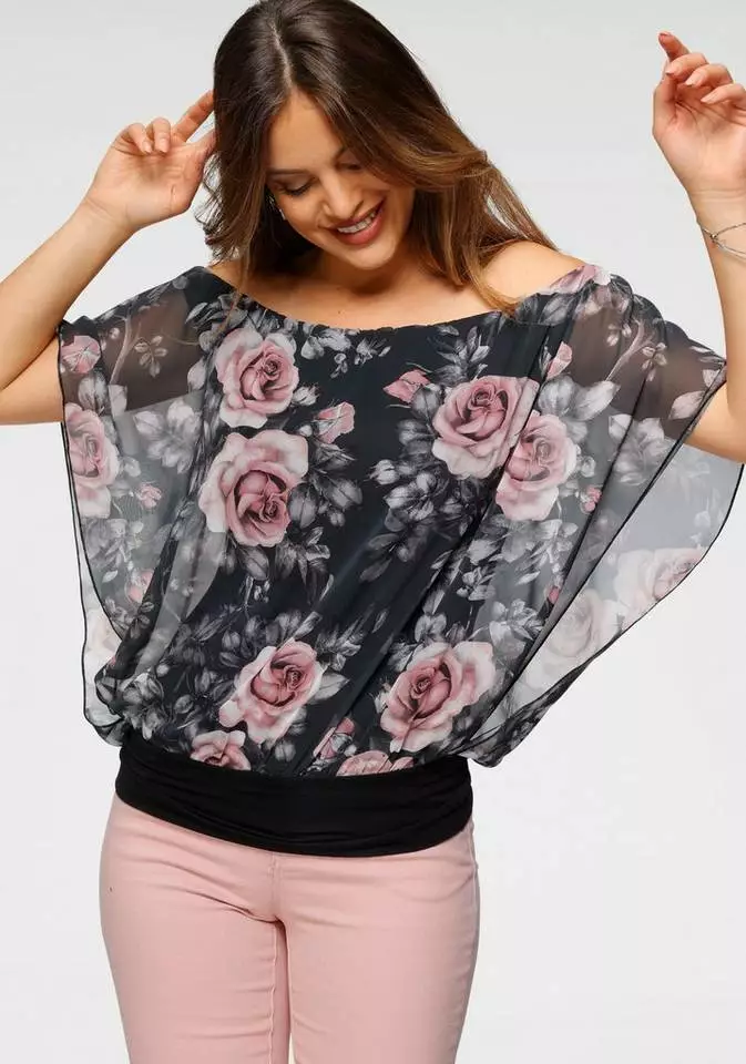 Melrose Shirtbluse mit bedrucktem Chiffon Schwarz-rot-geblümt, Grau-rosa-geblümt 11 Melrose Shirtbluse mit bedrucktem Chiffon Schwarz-rot-geblümt, Grau-rosa-geblümt – Bild 9
