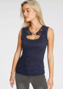 Melrose Spitzentop mit Zierschnalle Dunkelblau, Schwarz