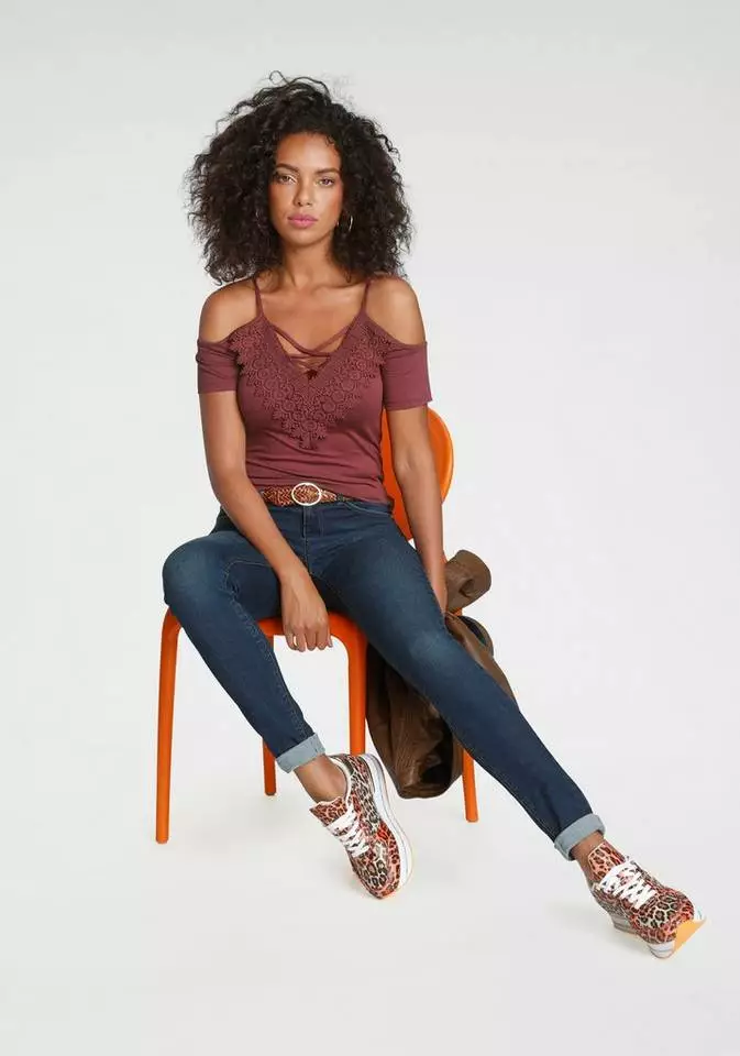 Melrose T-Shirt mit Spitze und Schnürung Braun, Schwarz 8 Melrose T-Shirt mit Spitze und Schnürung Braun, Schwarz – Bild 6