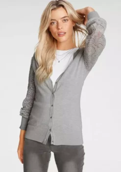 Melrose Strickjacke mit Ärmeln aus Spitze Schwarz, Hellgrau