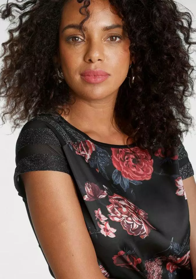 Melrose Shirtbluse mit Glanzgarn und Mesh Schwarz-grau-gemustert, Schwarz-rot-geblümt 3 Melrose Shirtbluse mit Glanzgarn und Mesh Schwarz-grau-gemustert, Schwarz-rot-geblümt